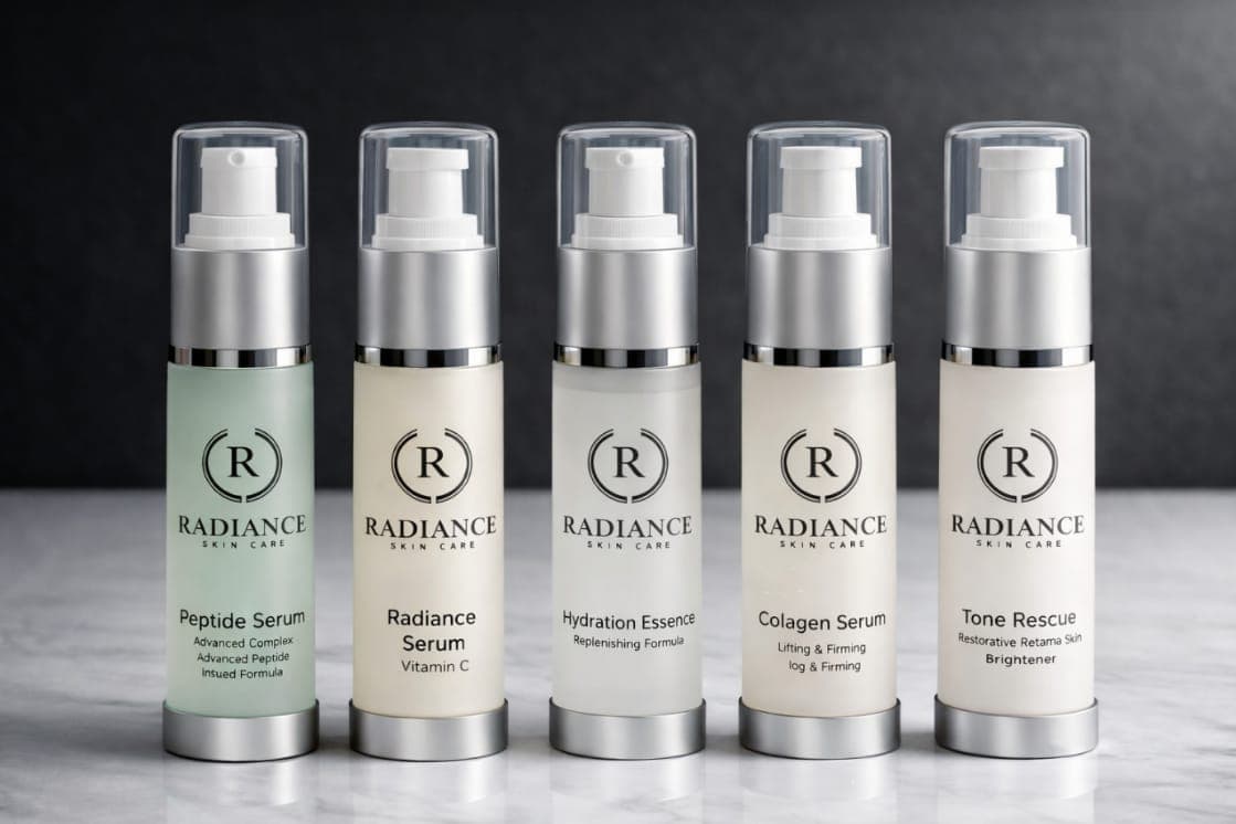 The Radiance Skin Care serum lineup — Peptide, Vitamin C, Hydration Essence, Collagen, and Tone Rescue on marble