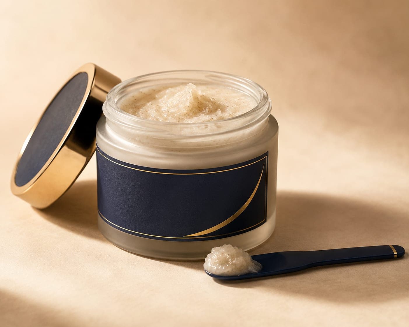 An open jar of exfoliating polish with a spatula
