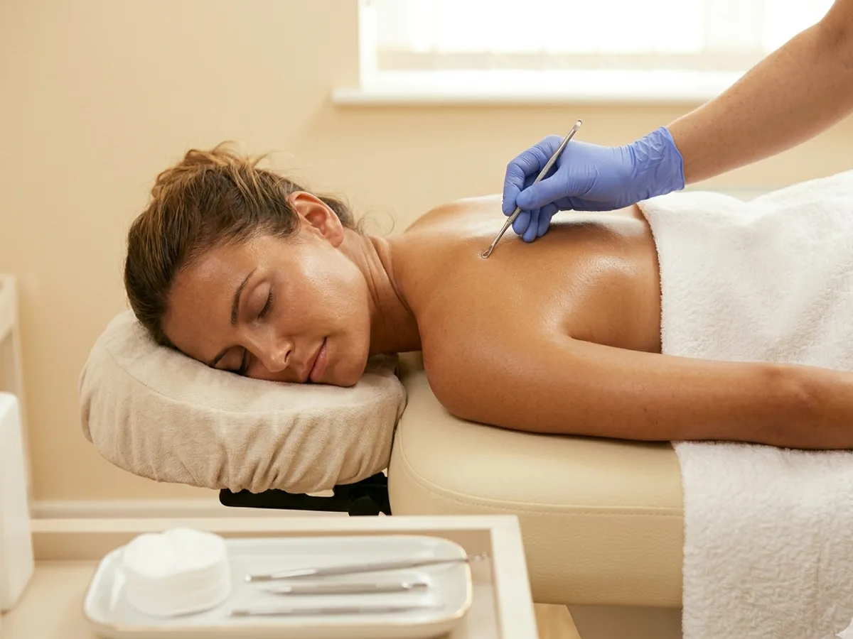 Professional back facial extraction treatment at 360 Radiance — client face-down with practitioner performing extractions on upper back