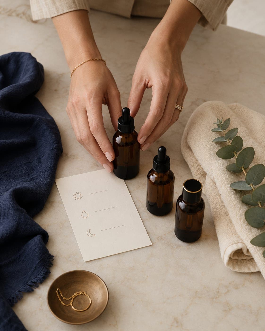 A calm skincare routine flat-lay with amber serum bottles
